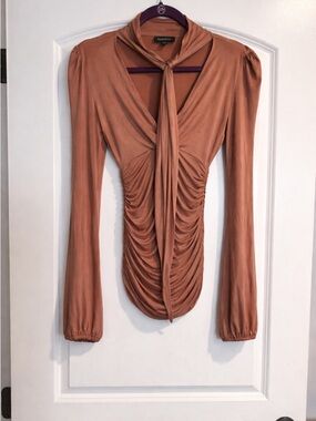 bebe Rust Tie-Neck Ruched Long Sleeve Blouse